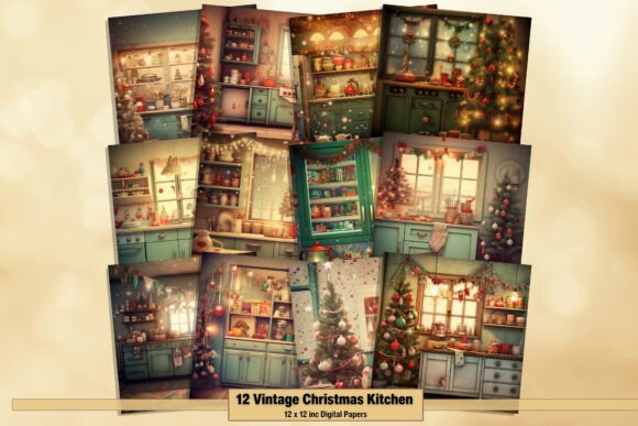 Download Vintage Christmas Kitchen Digital Papers - Christmas Collection