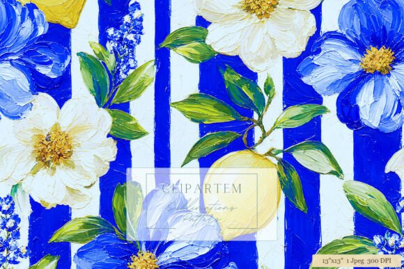 Download Blue Stripe Floral Lemon Pattern Oil Art - Lemon pattern Collection